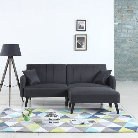 Mid-Century Modern Linen Fabric Futon Sofa Bed, Living Room Sleeper Couch (Dark