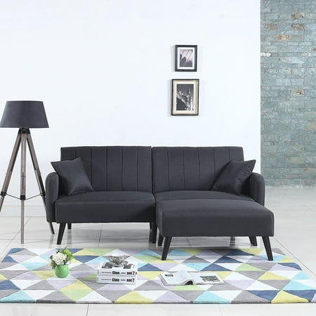 Mid Century Modern Linen Fabric Futon Sofa Bed Living Room Sleeper Couch Dark Grey