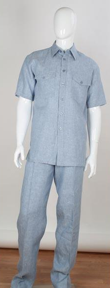 Men's Stripe Accent Blue Shirt Safari Style 2 Piece Short Sleeve Double Chest Pockets Linen Casual Two Piece Walking Outfit For Sale Pant Sets Suit - image 1 of 1