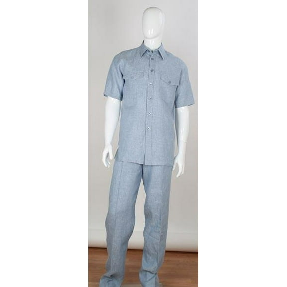 Men's Stripe Accent Blue Shirt Safari Style 2 Piece Short Sleeve Double Chest Pockets Linen Casual Two Piece Walking Outfit For Sale Pant Sets Suit