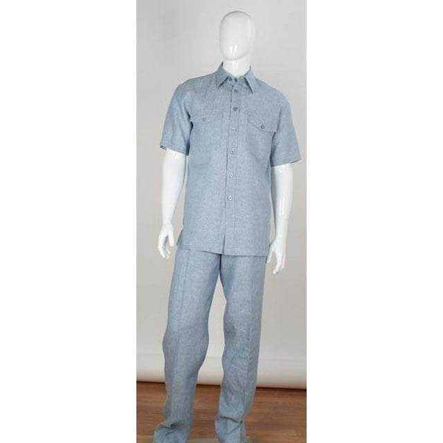 Men's Stripe Accent Blue Shirt Safari Style 2 Piece Short Sleeve Double Chest Pockets Linen Casual Two Piece Walking Outfit For Sale Pant Sets Suit