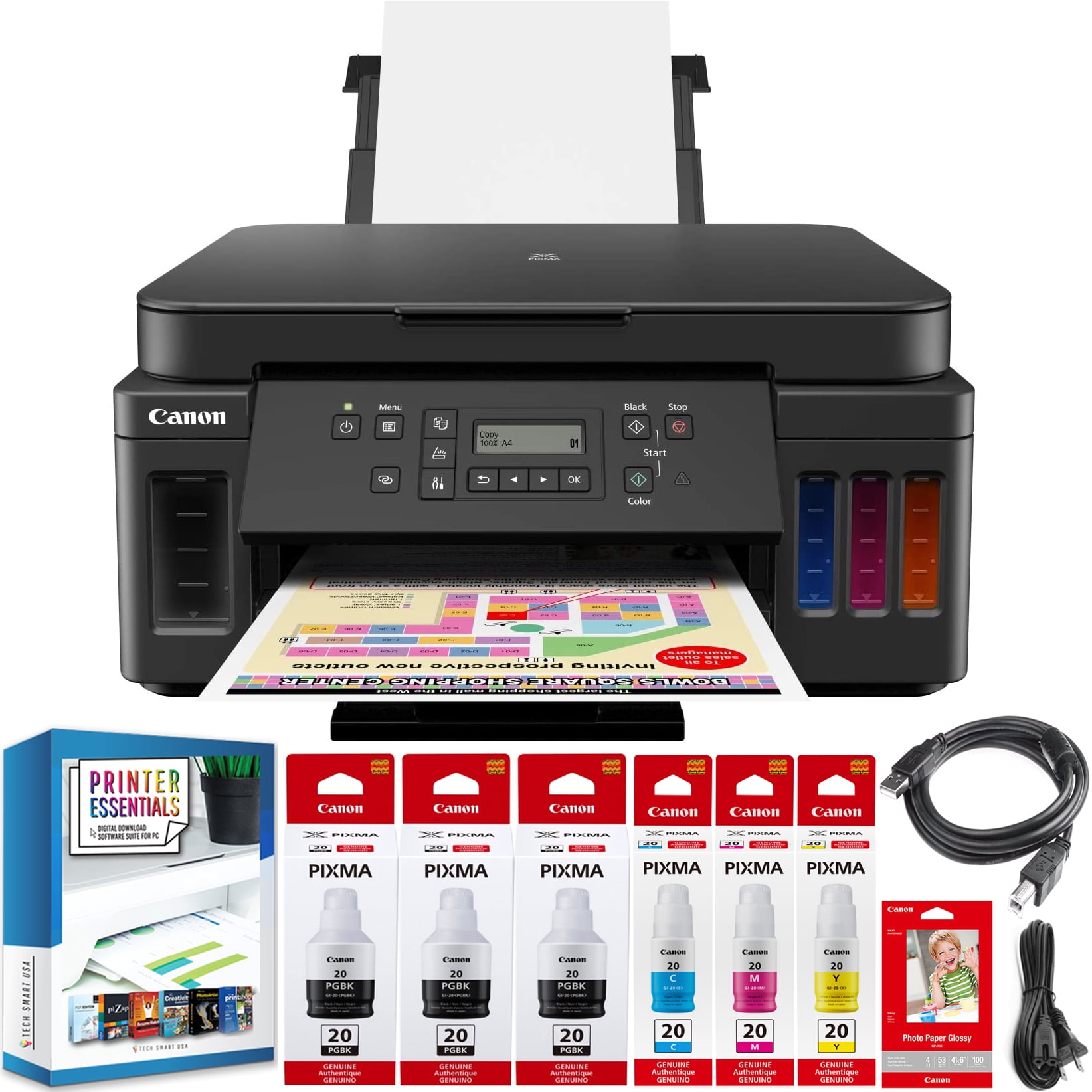 Canon PIXMA G6020 MegaTank All-In-One Wireless Printer w/ Copy, Scan, Mobile, Photo Print 3113C002 + Refillable Ink Bottles + 2 Extra Black Ink Bundle with DGE High Speed USB Cable + Pro Software Kit