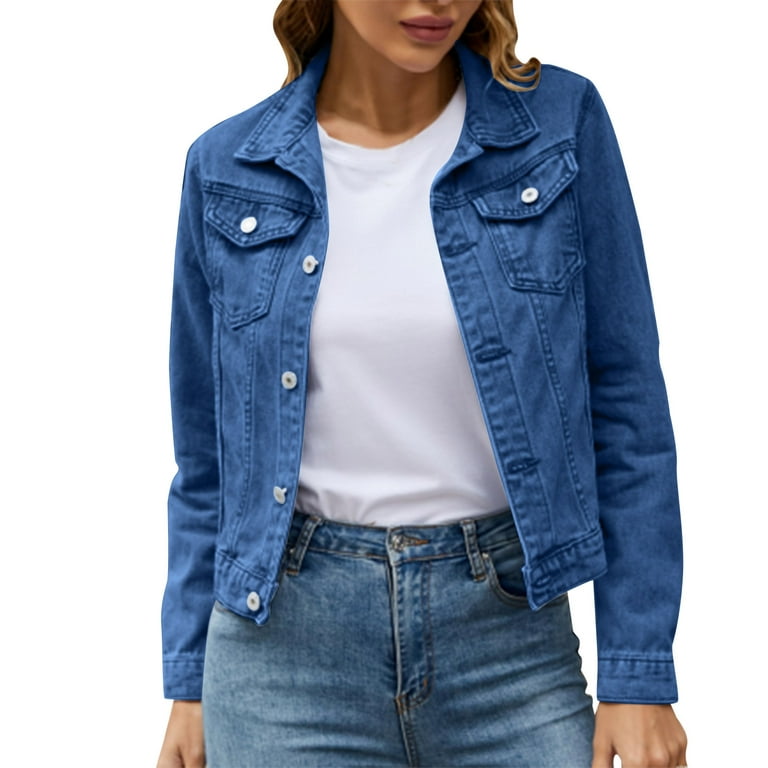 Long Jackets Women Chambray Utility Jacket Women's Basic Solid Color Button  Down Denim Cotton Jacket With Pockets Denim Jacket Coat Denim Lined Jacket