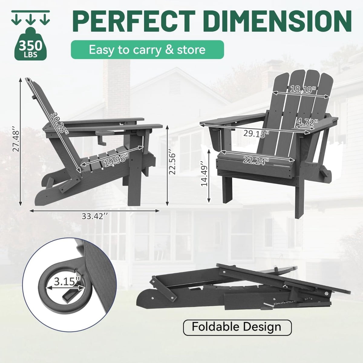 TOPCOMFY Adirondack Chair Set of 2 Folding All-Weather HDPE Plastic Outdoor Patio Lawn Fire Pit Seating with Cup Holder Gray