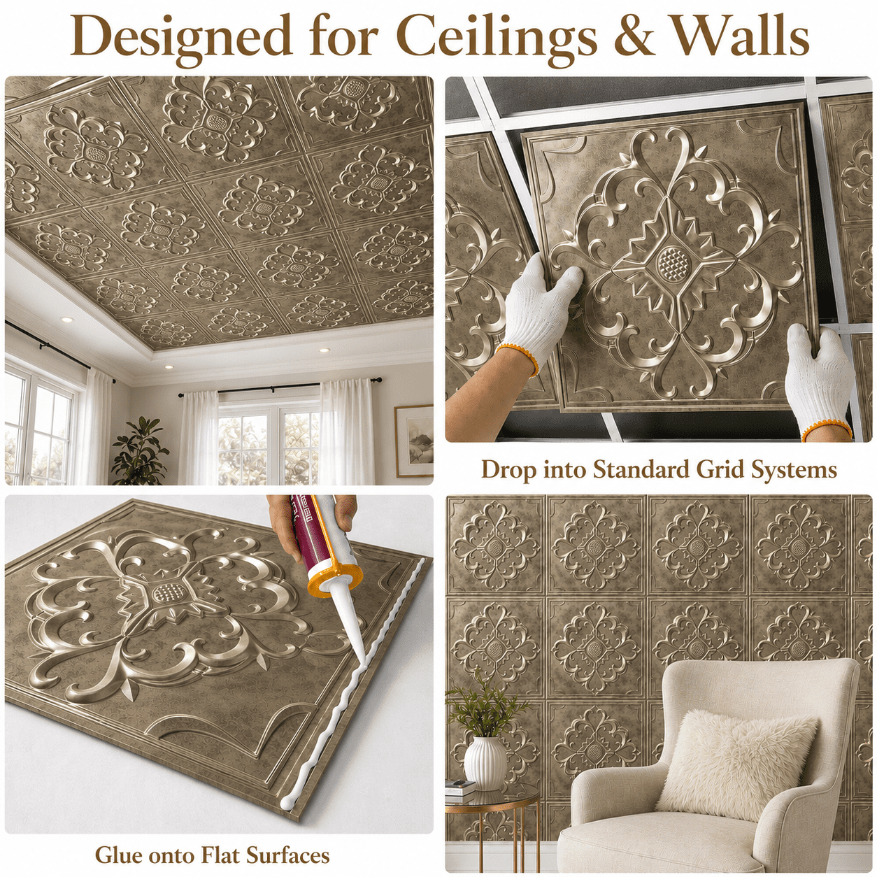 Yeslife 12-Pack 2 ft x 2 ft PVC Drop Ceiling Tiles, Vintage 3D Embossed Decorative Panels, Waterproof, Glue-up, Antique Gold, 48 sq ft