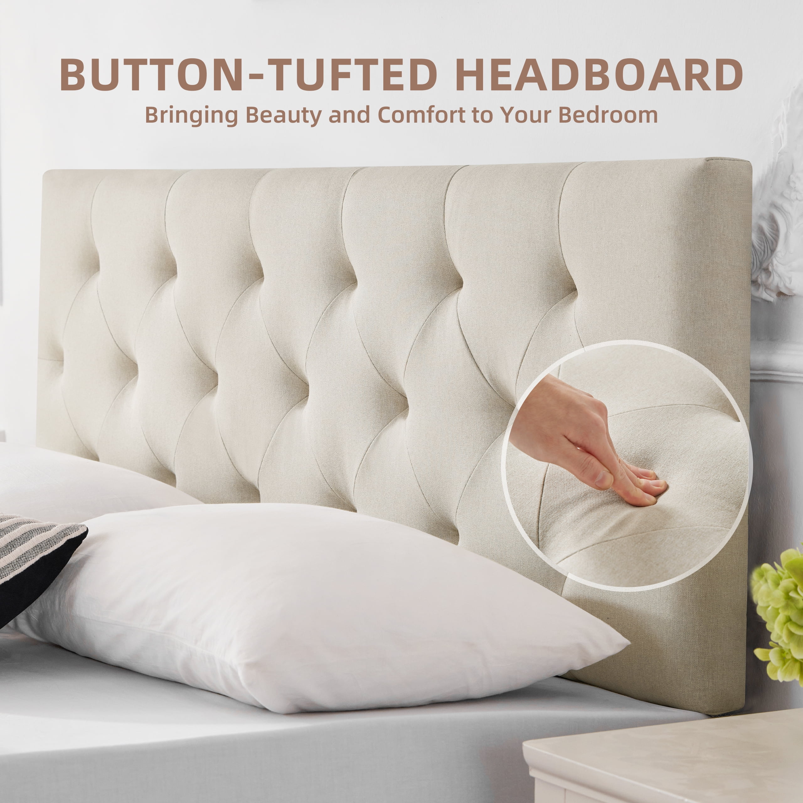 Weture Linen Upholstered Full Headboard, Modern Diamond Tufting, Adjustable Height, Beige