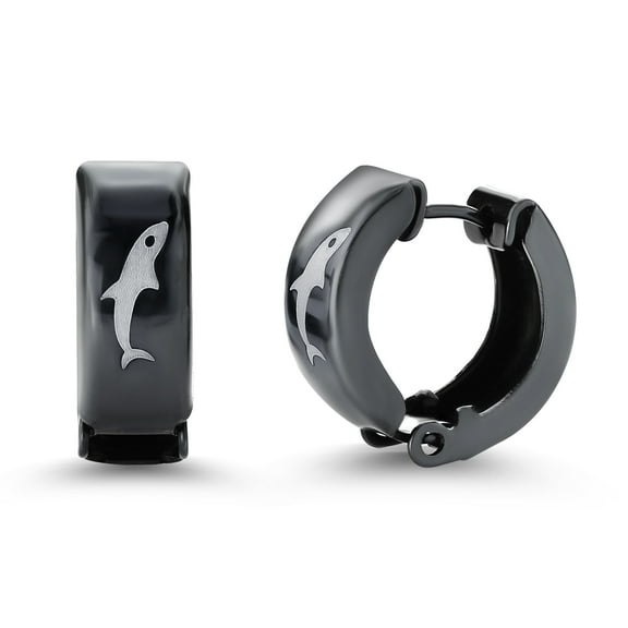 Gem Stone King 13MM Length and 5MM Width Stainless Steel Black Fish Design Huggie Hoop Earrings
