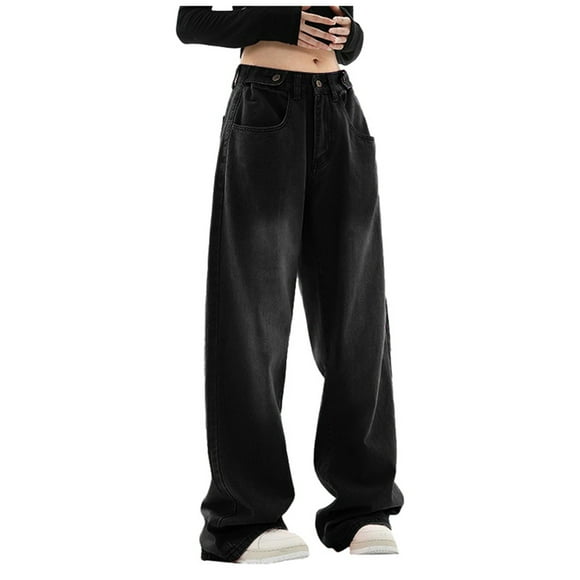 GYUJNB Jeans for Women Women's Loose Straight Leg Wash High Waisted Floor Length Wide Leg Jeans Democracy Jeans for Women,Black,S