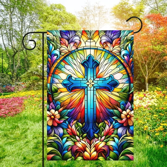Garden Flag 1 piece, spring double-sided garden flag - 2D flat colored glass cross design, courtyard symbol, very suitable for courtyard, lawn and outdoor decoration, garden decoration, party decorat