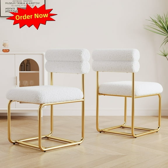 Tcbosik Upholstered Dining Chairs Set of 2, Modern Kitchen Chair with Gold Metal Legs, Accent Chair for Small Space, White