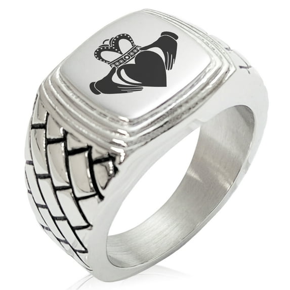 Stainless Steel Celtic Claddagh Unity Geometric Pattern Step-Down Biker Style Polished Ring