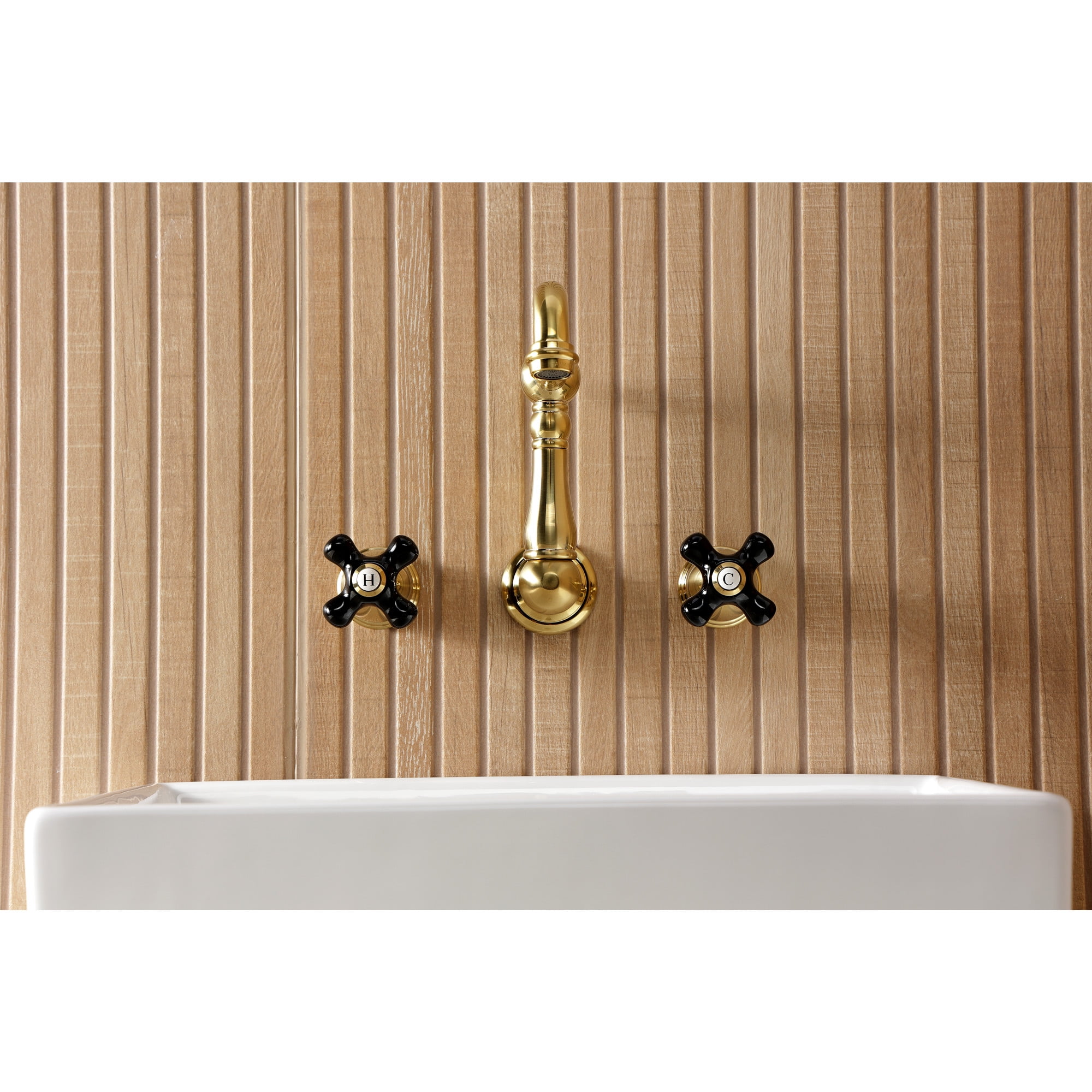 Kingston Brass KS1227PKX Duchess Double-Handle Wall Mount Bathroom Faucet, Brushed Brass