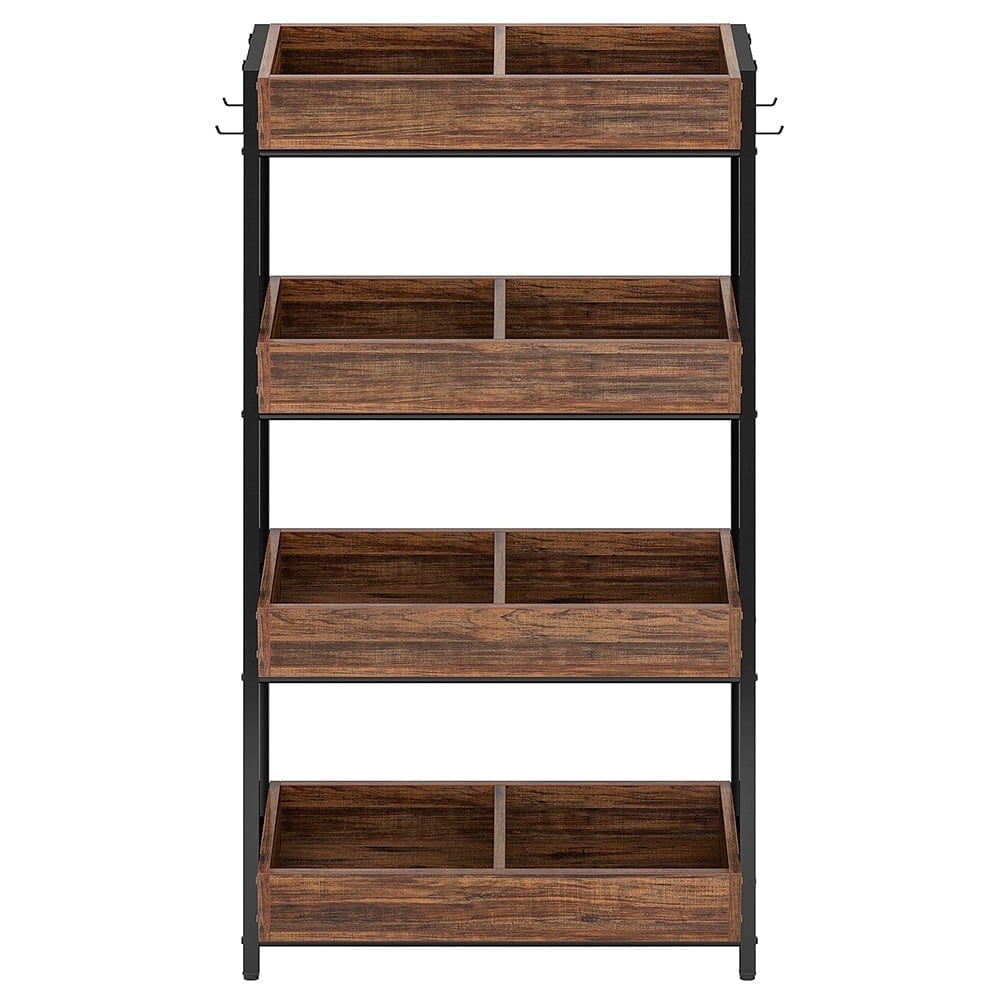 Kadyn Wood Fruit Vegetable Storage Rack Stand, 4-Tier Storage Organizer Fruit Stand with 4 Hooks, Brown Snack Rack
