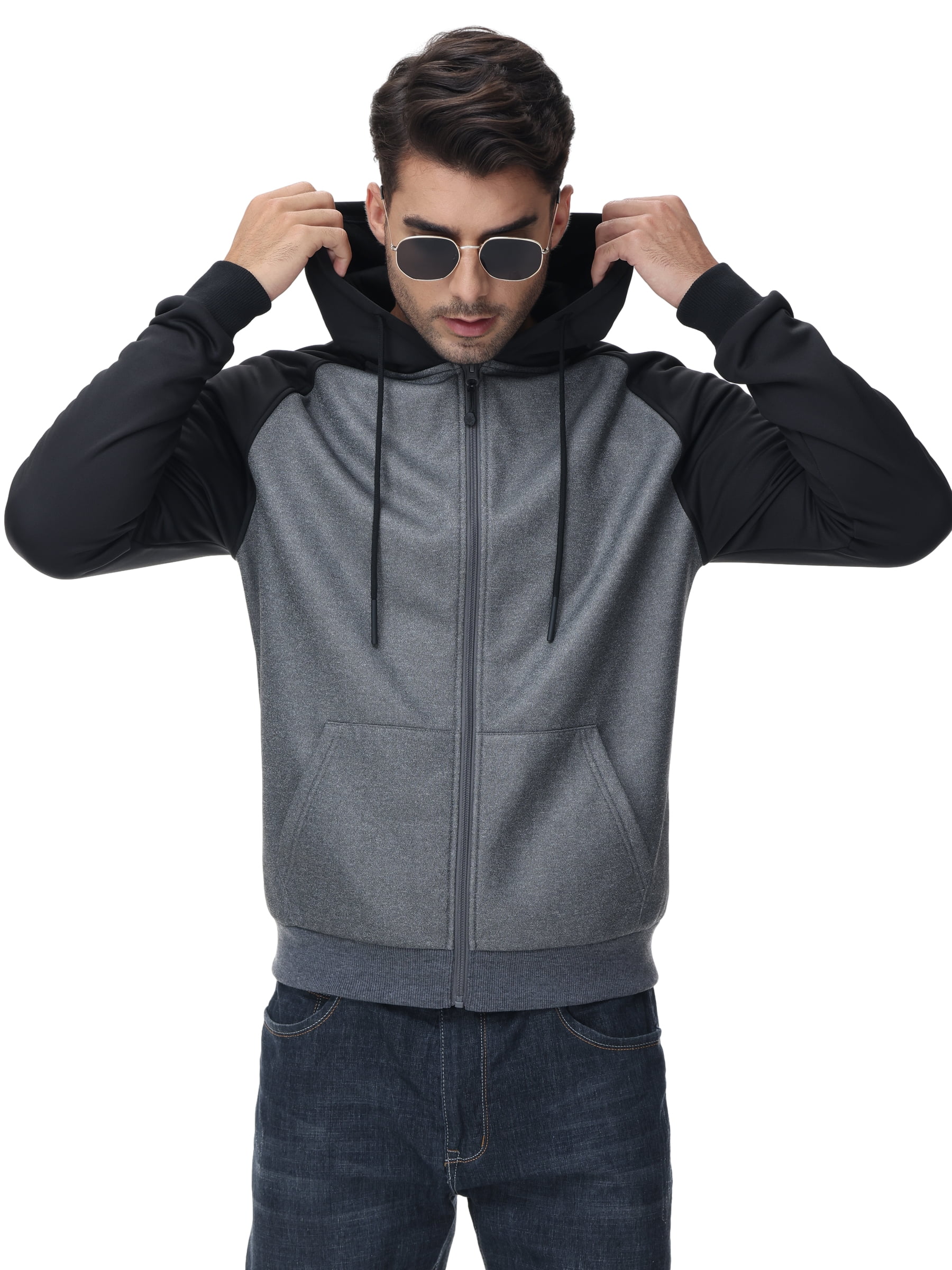 Weilanxin Men's Color Block Pullover Fleece Hoodie Casual Hooded Sweatshirts Tops Full Zip Jacket with Pocket Athletic Hoodies For Men Black Contrast Dark Grey M