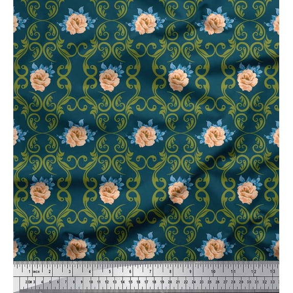 Soimoi Rayon Fabric Filigree Damask,Leaves & Peony Floral Print Sewing Fabric Yard 42 Inch Wide