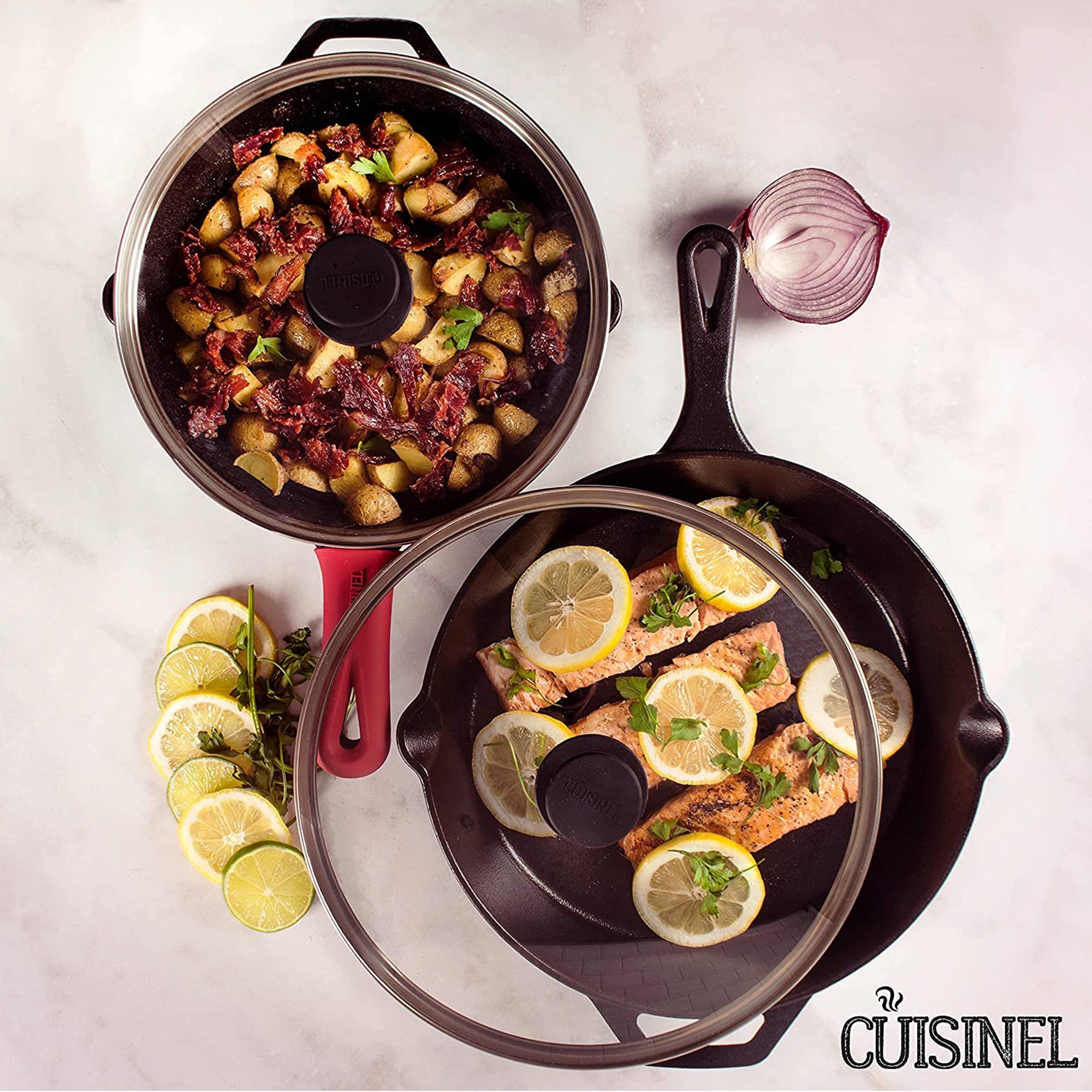 Cuisinel 12 & Lodge 10 pre-seasoned cast iron skillet w/ glass lids -  household items - by owner - housewares sale 