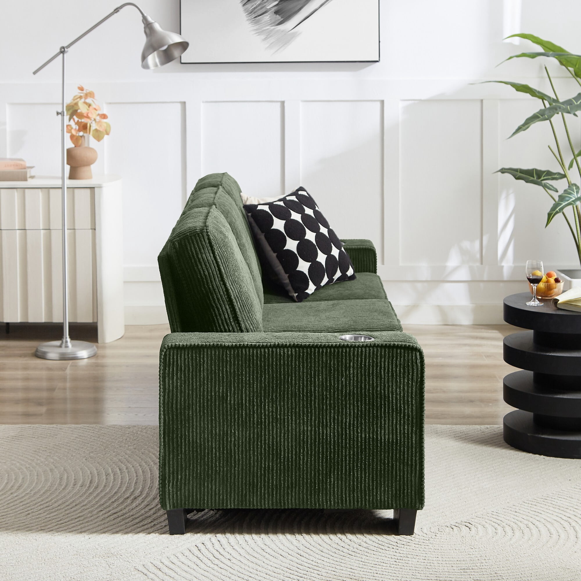 AENKYO 84" Modern Corduroy 3-Seater Sofa, Compressed Couch with Built-in Cup Holders & Washable Covers, Green