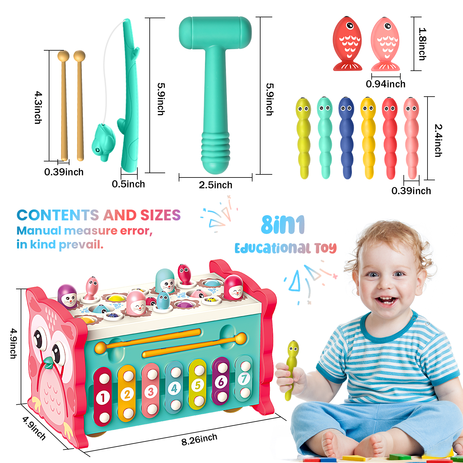 Flooyes Montessori Toys for 1 Year Old,Whack-A-Mole Hammering Pounding Toys with Pounding Bench, Fishing, Xylophone, Montessori Musical Toys for Toddlers 1 - 3 Years Old (Red)