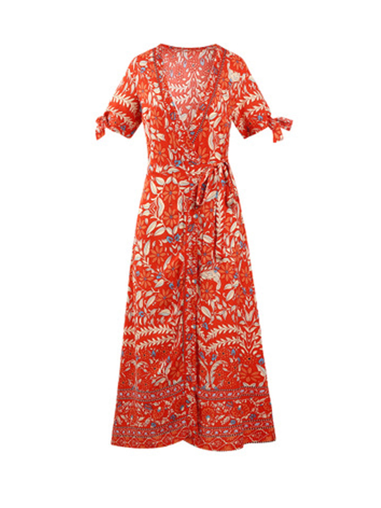 Women Long Dresses Summer Bohemian Short Sleeve V Neck Floral Printed Waist Tie Wrap Boho Beach Maxi Dresses Split 