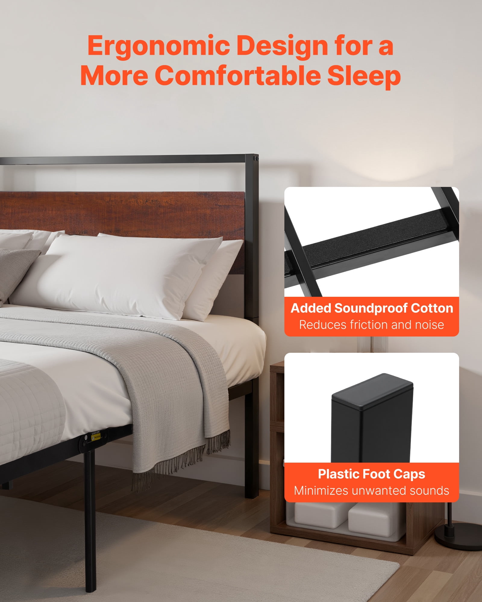 VEVOR King Size Bed Frame, 14 Inch Black Metal Platform Bed Frame with Retro Brown Wooden Headboard and Footboard, Large Under-Bed Storage, Non-Slip Without Noise, No Box Spring Needed, Easy Assembly