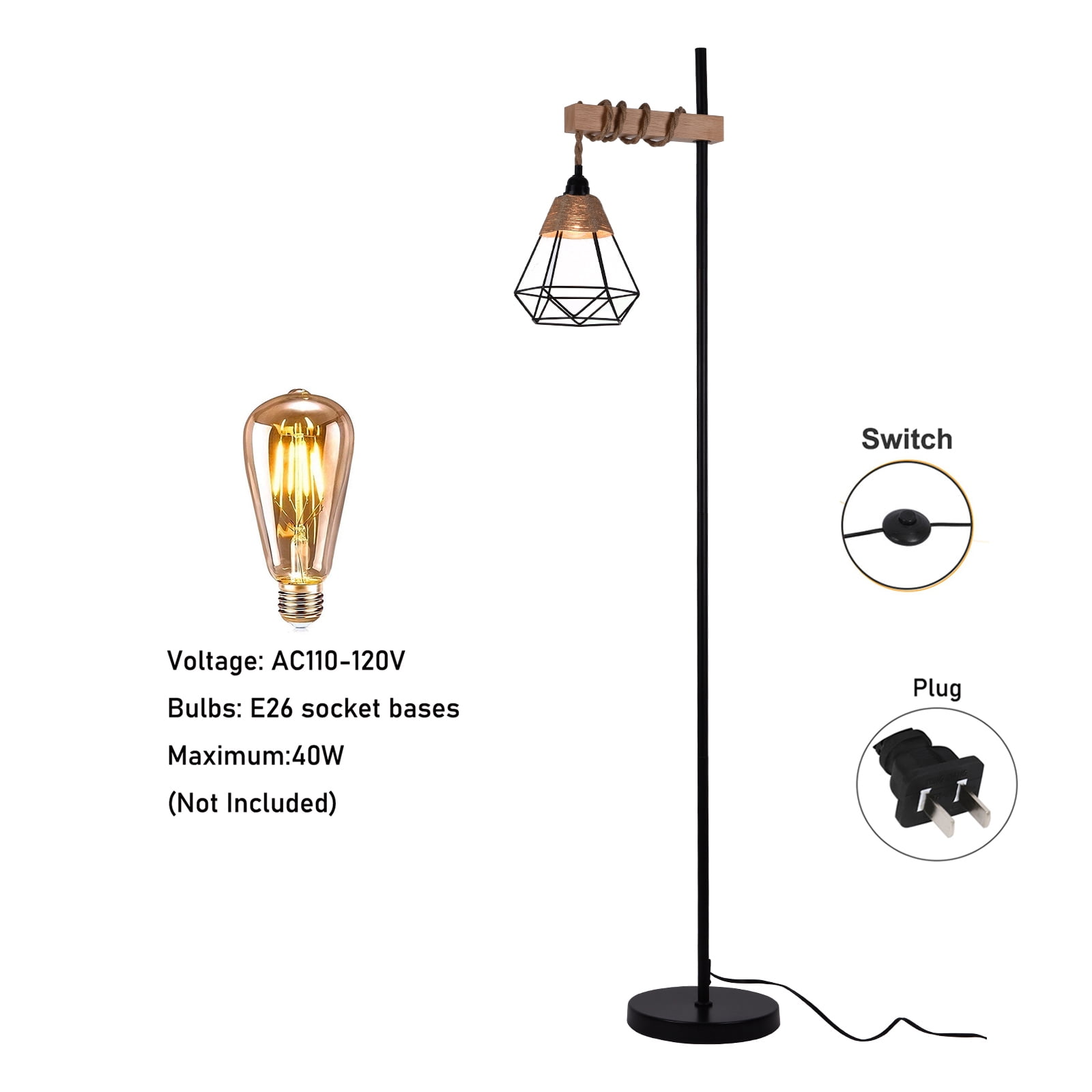 Fichiouy Industrial Floor Lamp with Rattan Lampshade Farmhouse Standing Lamp for Living Room Bedroom Office Dining Room