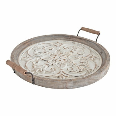 Kate and Laurel Hillrose Round Wooden Tray, 18 inch diameter, Rustic Brown and White, Decorative Tray for Serving, Display, and Storage