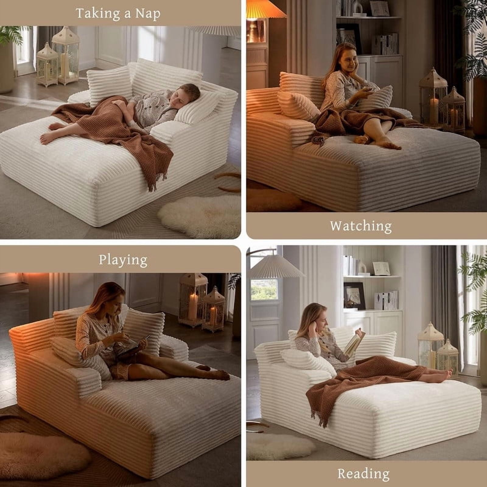 Oversized Chaise Lounge Chair Indoor, Upholstered Sofa Bed Sleeper Sofa Corduroy Cloud Couch Boneless Sofa Reading Chair with 3 Pillows for Living Room, 49.2''x66.1''