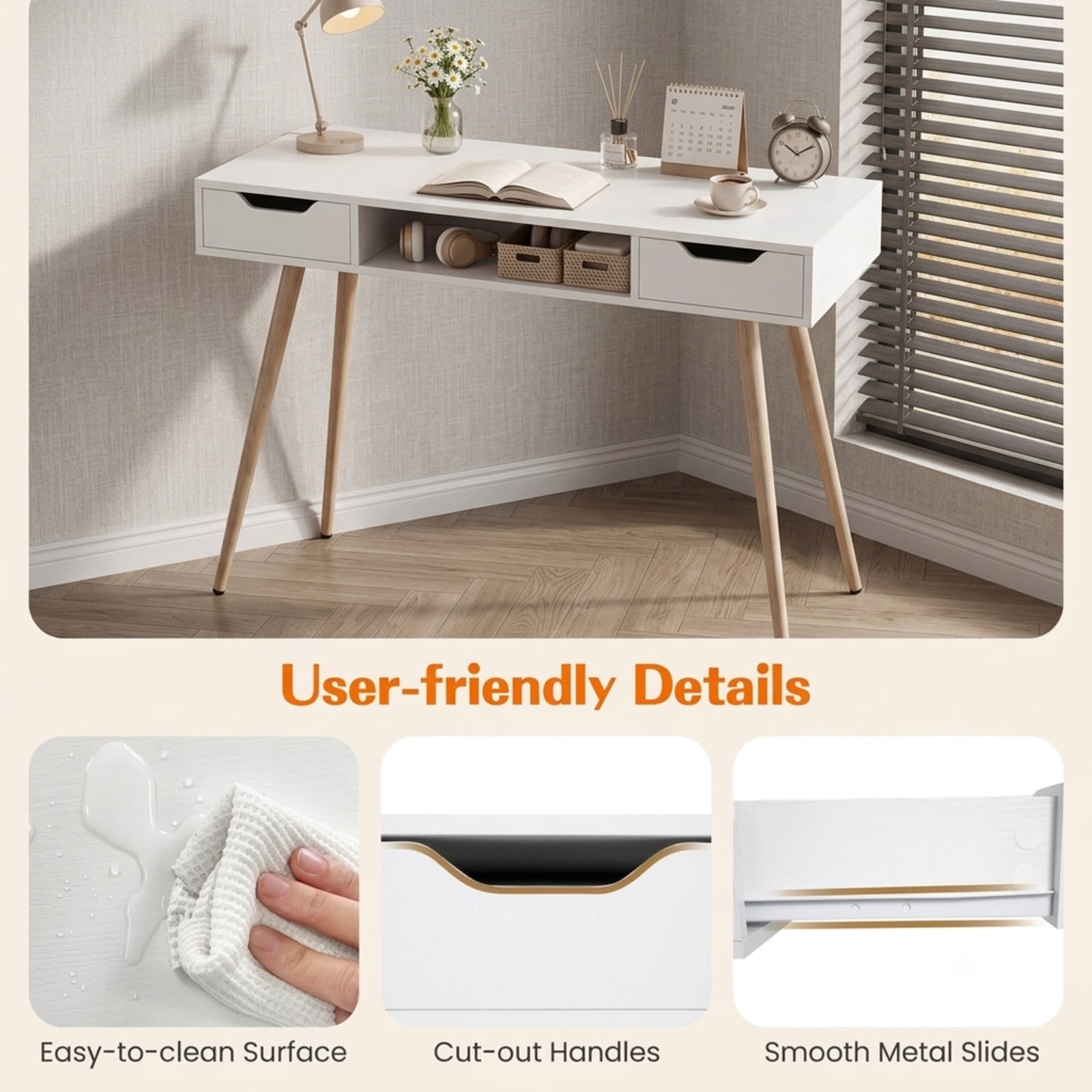 Furnibear 42.5 Inch Mid Century Modern Writing Desk With Metal Legs and 2 Drawers, White Desk With Open Compartment for Bedroom, White