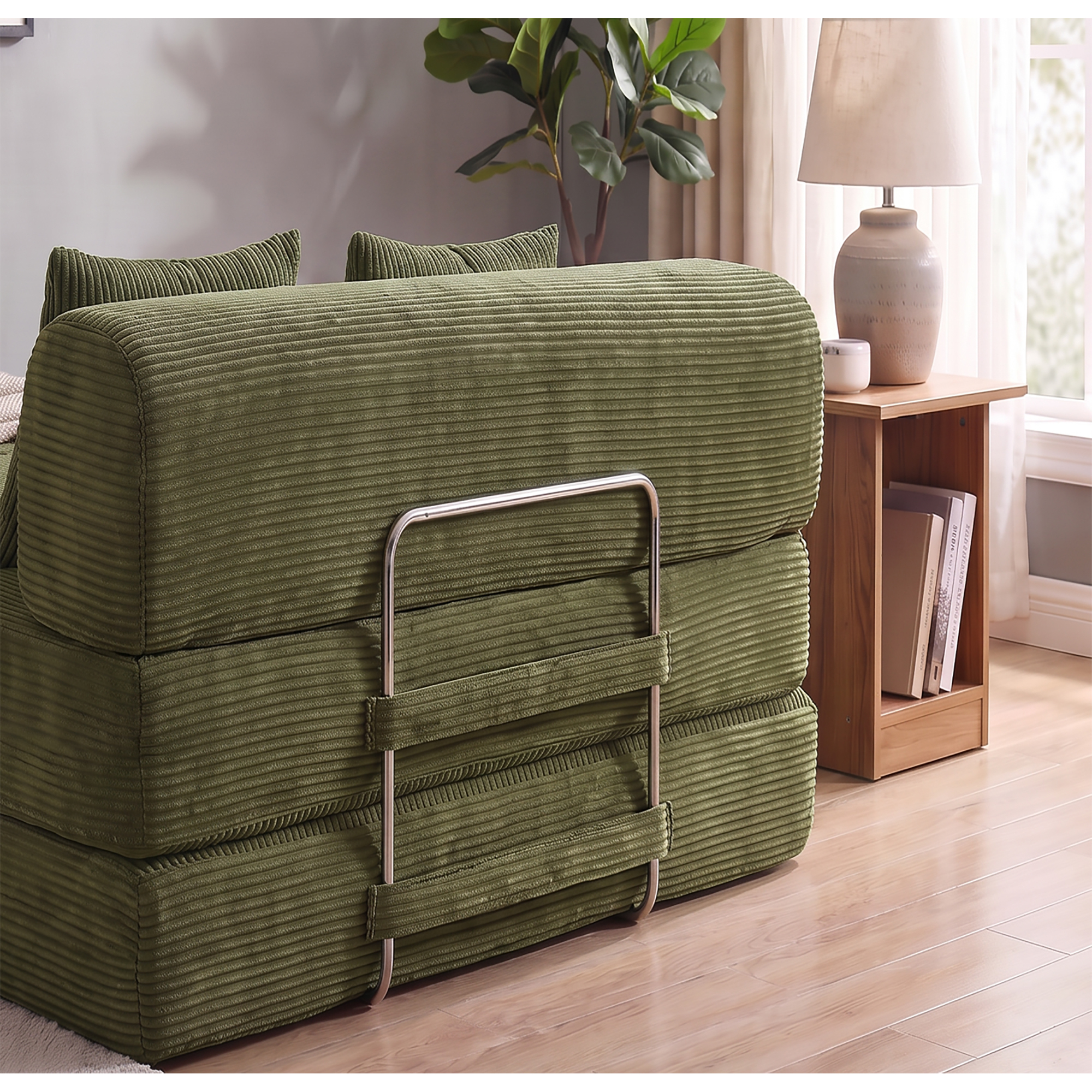 HOQBN Convertible Sofa Bed, Corduroy Fold Out Futon Sleeper Mattress with Pillows, Boneless Folding Floor Couch for Living Room Bedroom Green