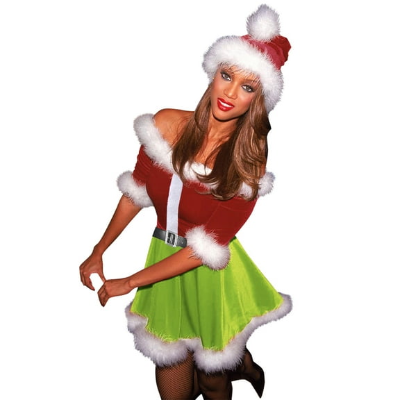 Women Christmas Santa Dress Deluxe Mrs. Claus Costume Off Shoulder Velvet Dress Santa Hat Set Cosplay Outfits