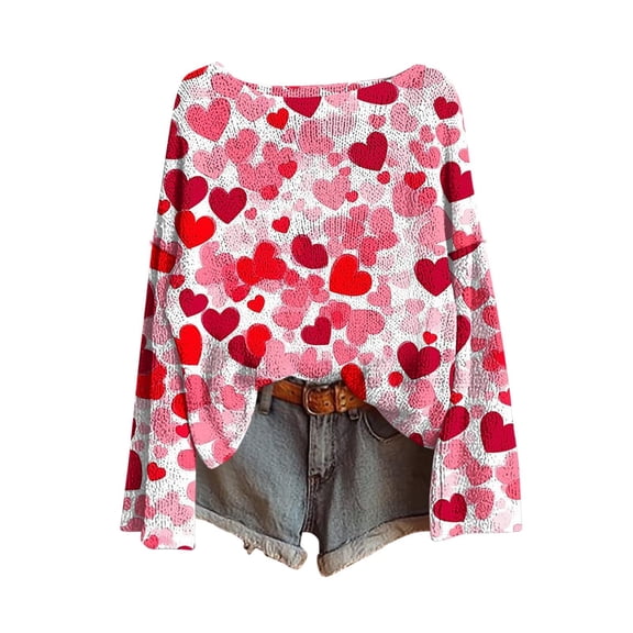 Women Heart Sweater Cute Knit Long Sleeve Valentine Crew Neck Pullover Shirts