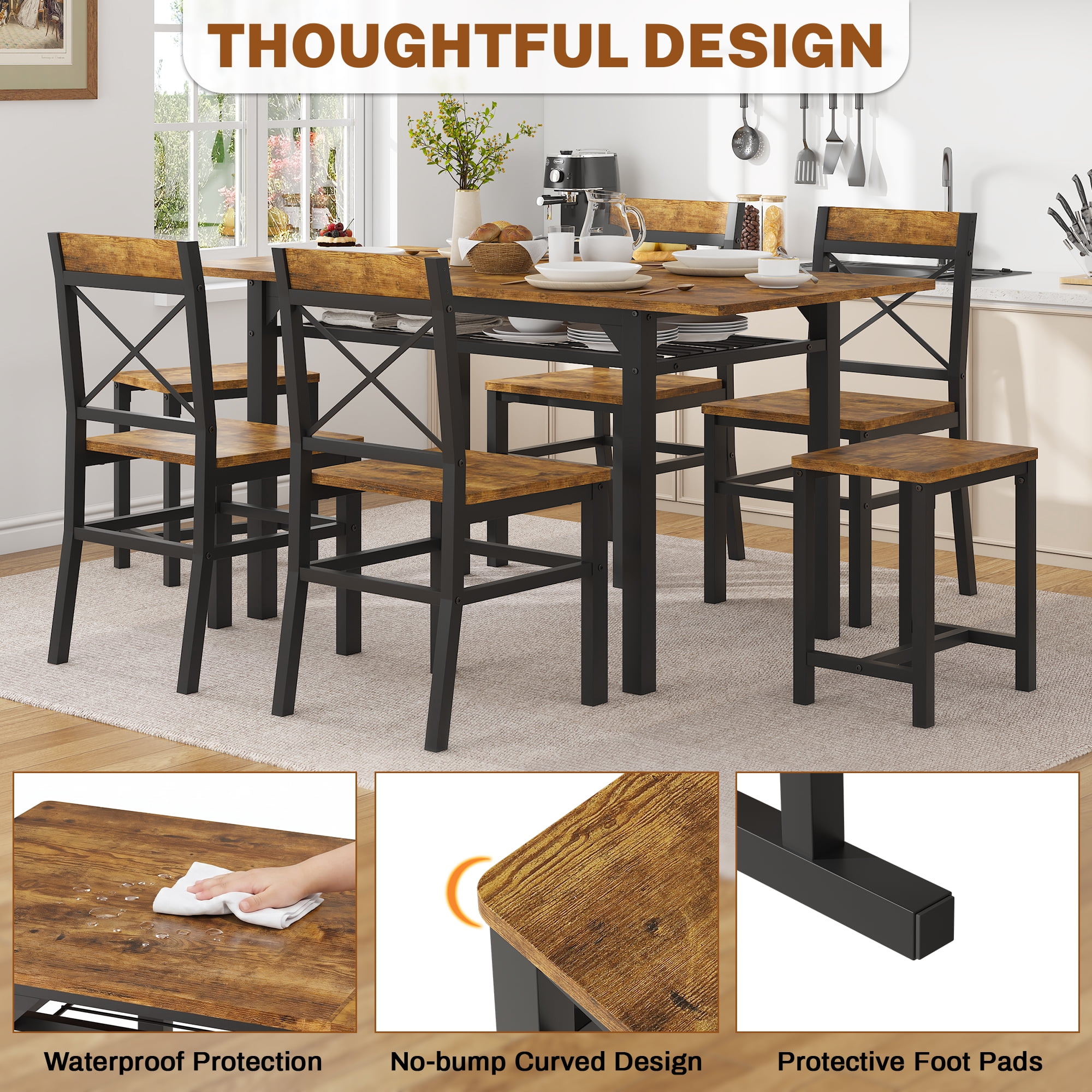 HOQBN Dining Table Set,Wooden Kitchen Table Set for 6,Farmhouse 7-Piece Dining Room Furniture for Small Space, Breakfast Nook, Apartment,Brown