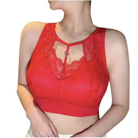 Gnurob Lace Bralettes for Women Wirefree Bras Push Up Brassiere Comfort Padded T Shirt Bra Halter Bralette Adjustable Strap Underwear Everyday Wear Clearance Saving Red Large