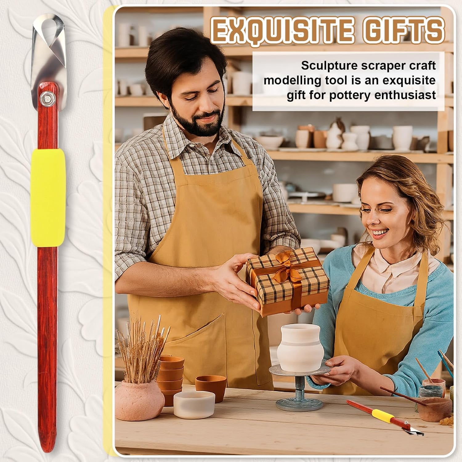 ABCISI Pottery Carving Tools Set Include 5 Stainless Steel Blades & Red Pear Wood Handle, Sculpture Scraper Craft Modelling Tools for Clay, Ceramic Sculpting, Graffito, Relief Art(U-tip)