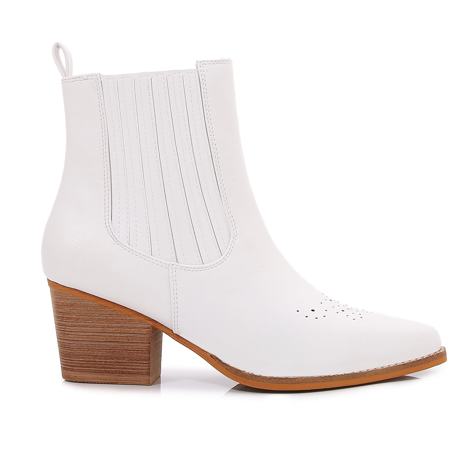 Women PU Leather Perforated Front Stacked Heel Ankle Boots with Elastic Side Gussets (White / 8)