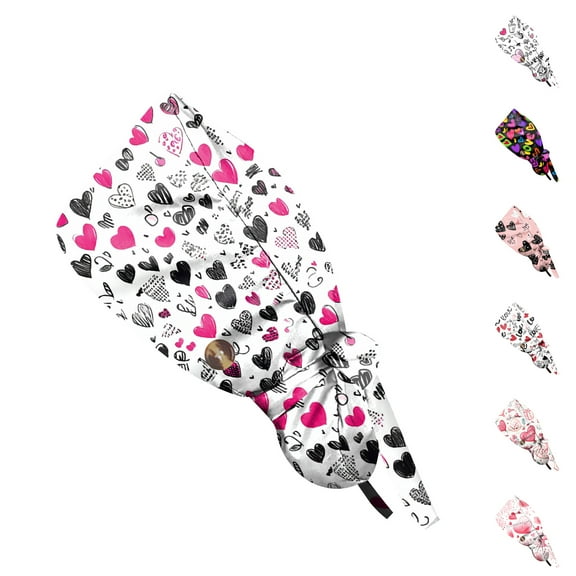 Heart Print Bouffant Scrub Cap, Valentine's Day Working Hat, Adjustable Tie Back Head Cover for Women's Hair Black