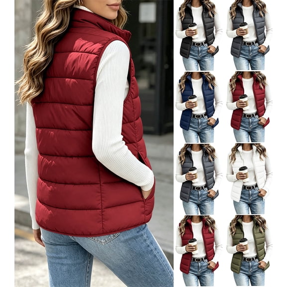 Women's Plus Size Vest Puffer Stand Collar Zip Up Sleeveless Casual Vest with Pockets, Warm Outerwear Top for Fall & Winter
