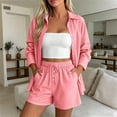 thumbnail image 5 of QIYAGBSA 2 Piece Outfits for Women Striped Button Down Long Sleeve Shirt and Drawstring Shorts Set Summer Matching Set (Pink, 2XL), 5 of 8