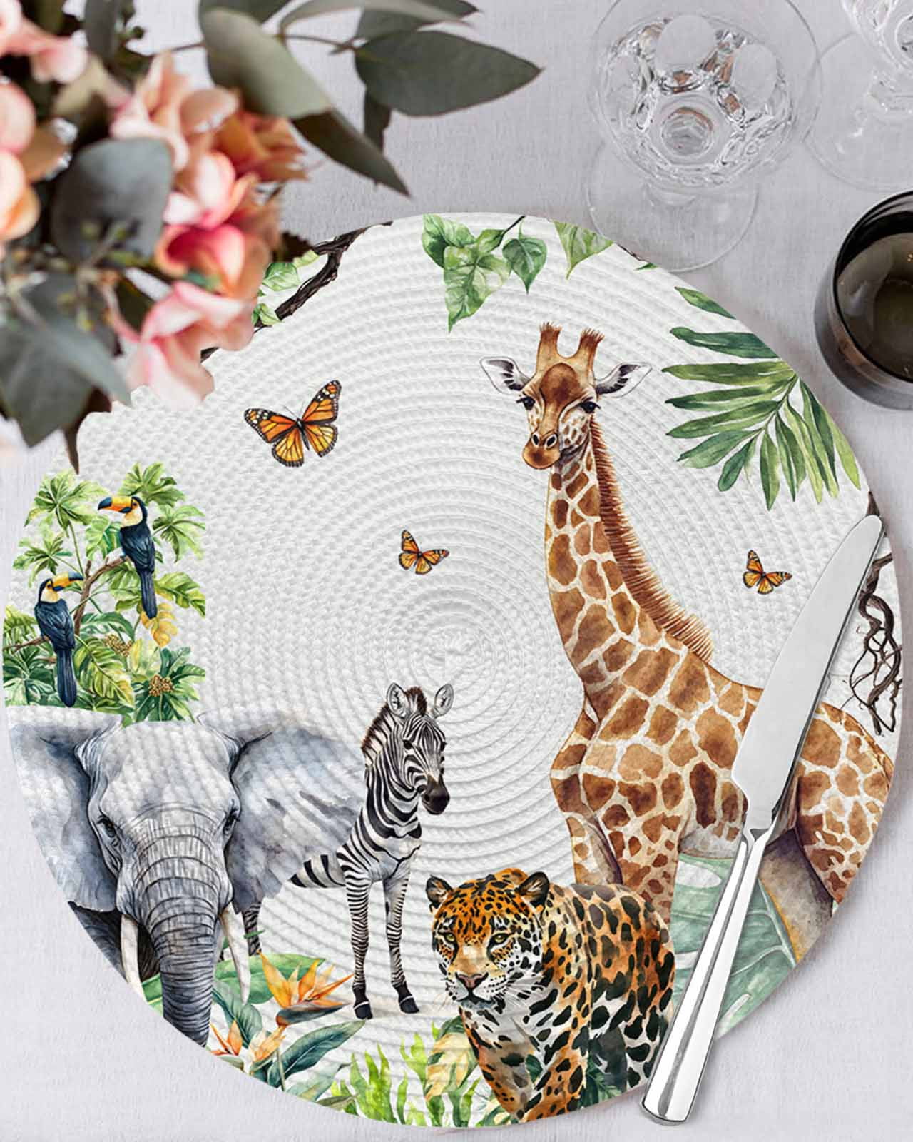 Tropical Animal Round Table Placemats set of 4, Giraffe Zebra Elephant Leopard Washable Woven Place Mats for Dining Tables Kitchen Party Decor,Heat Proof, 13in, Brown Green Gray