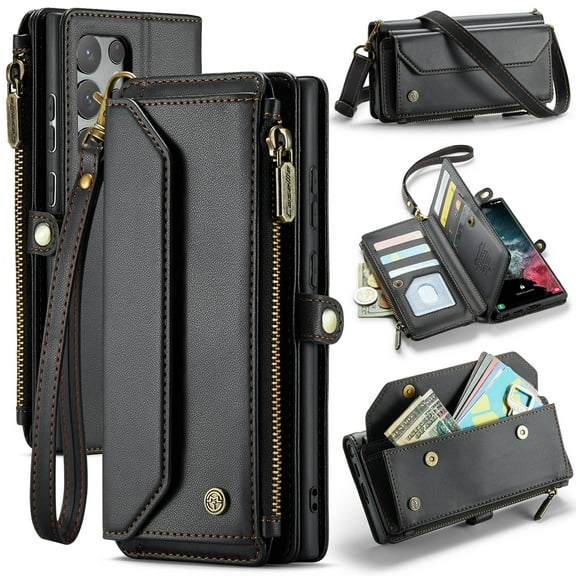 Crossbody for Samsung Galaxy S22 Ultra Case Wallet【RFID Blocking】with 10-Card Holder Zipper Bills Slot, Soft PU Leather Magnetic Shoulder Wrist Strap for Samsung Galaxy S22 Ultra Wallet Case Women