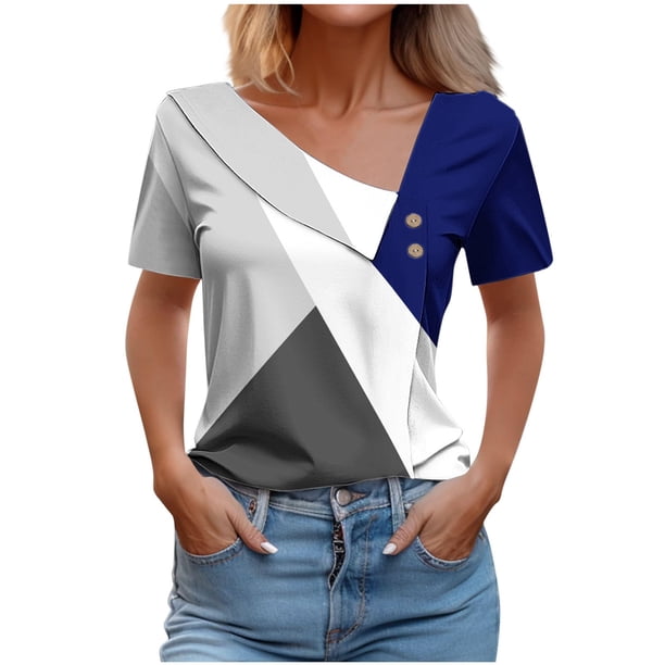 Tops de Algodón para Mujeres Cuello en V Casual de Manga Corta, Imitación Algodón Primavera Y Blusa de Verano