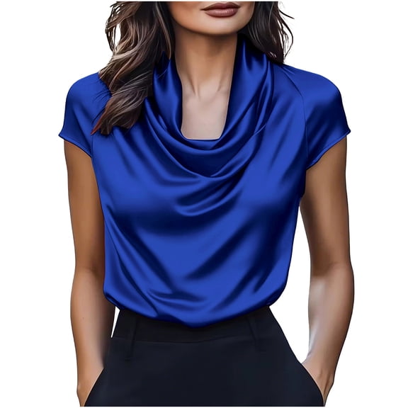 Staron Summer T-Shirts for Women Casual Cowl Neck Short Sleeve Solid Color Satin Pullover Blouse Top, Blue L