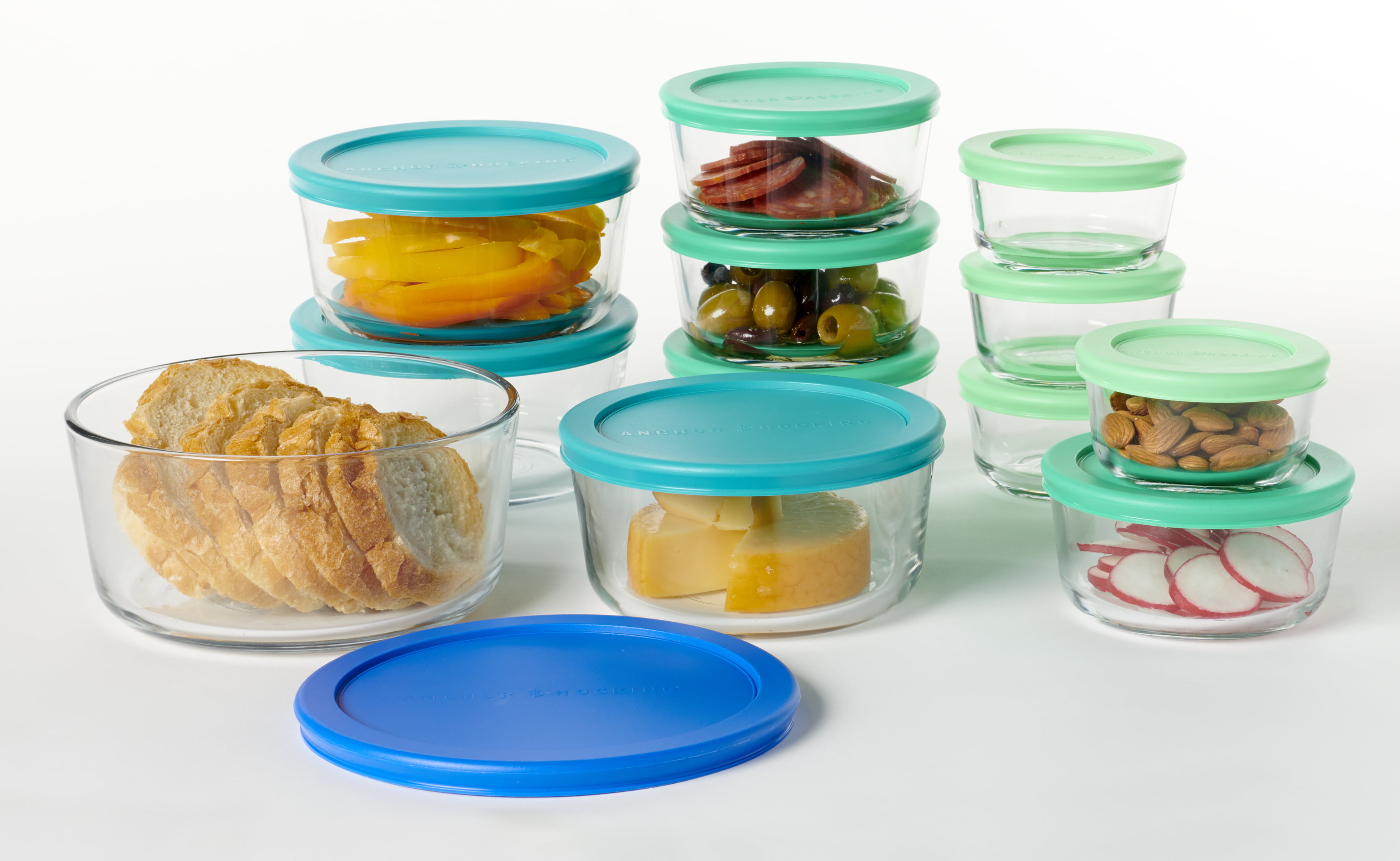 Anchor Hocking 8 Piece Glass Food Storage Containers 2-Cup Round with Mint  Snugfit Lids (BPA free, oven, microwave, fridge, and freezer safe)