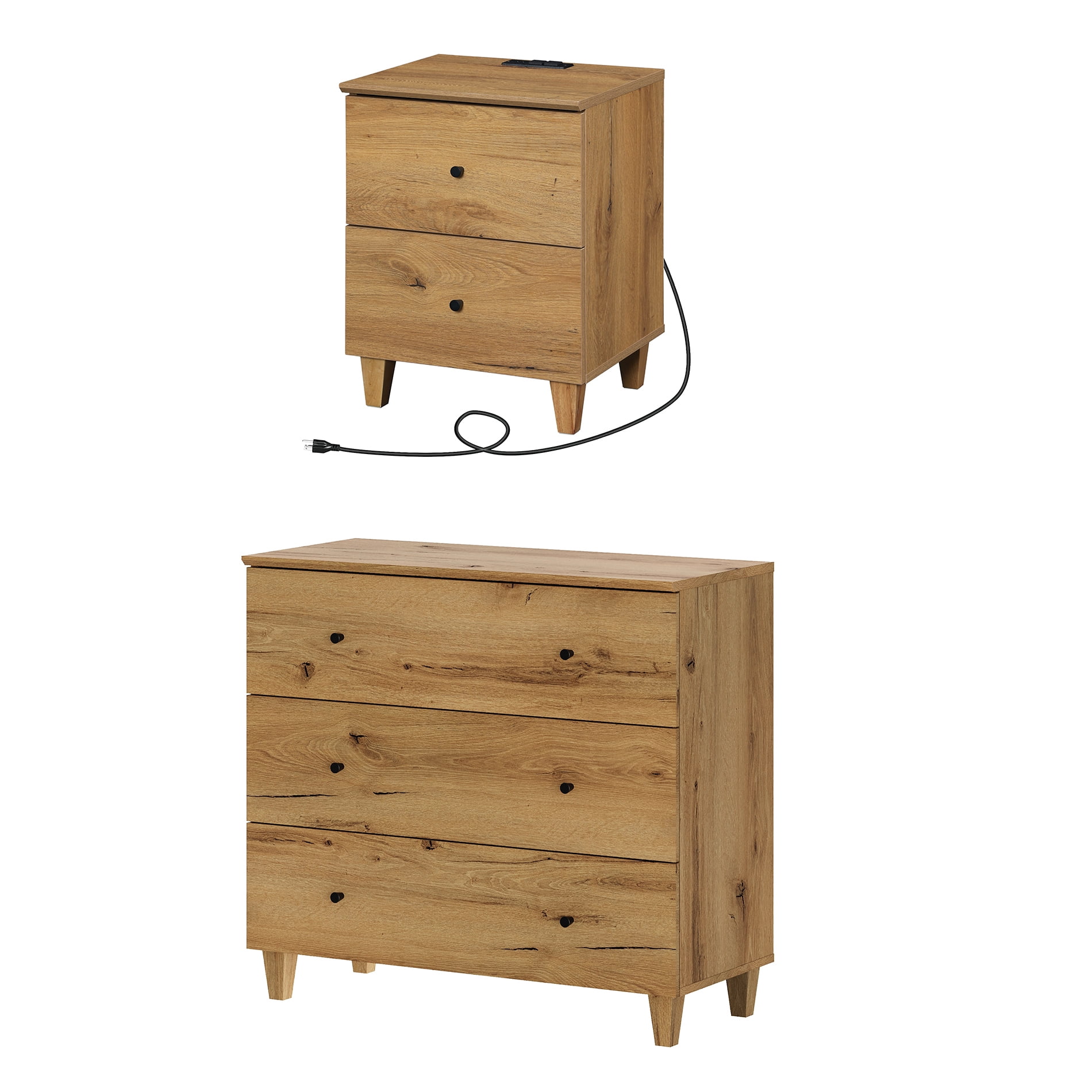 WAMPAT Dresser and Nightstand Set of 2, Wood Dresser with 3 Drawers, Nightstand with Charging Stations for Living Room, Dark Brown Wood