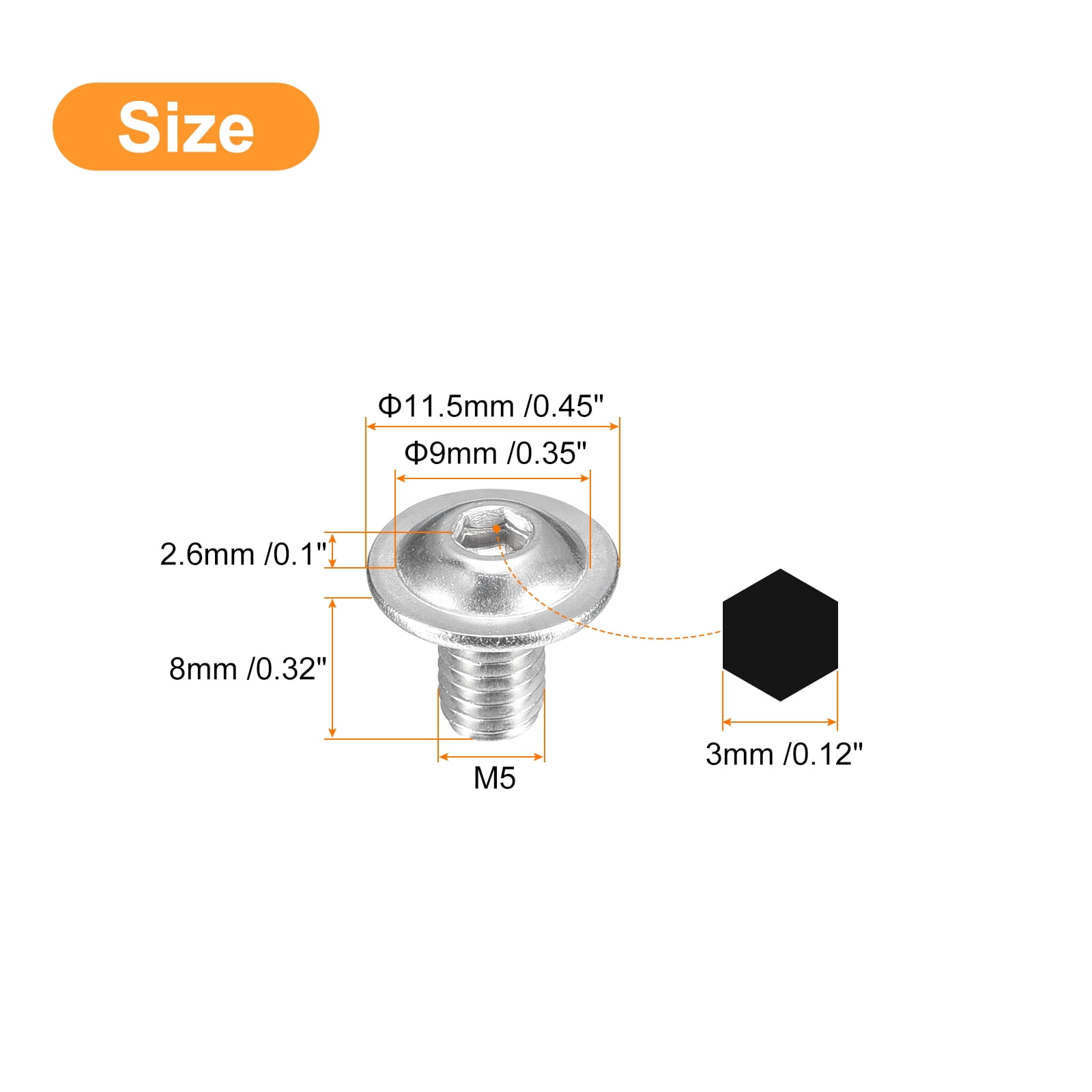 Uxcell Flanged Button Head Socket Cap Screws, 100 Pcs M5x8mm - 304 Stainless Steel Socket Drive Fasteners Bolts, Fully Thread Machine Screws (Silver)