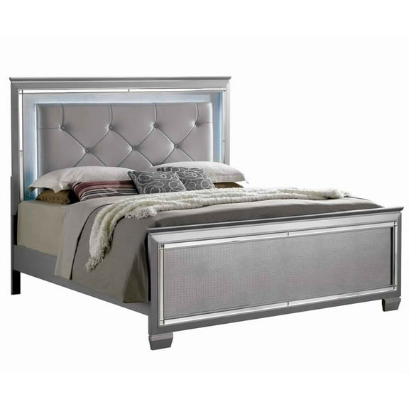 Textured Queen King Size Bed with Silver Trim Accents, Beige
