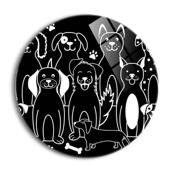 Happy Dogs Black Dogs Paws Bone 24 inch Glass Round Wall Hanging Sign