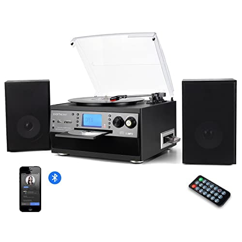 DIGITNOW Bluetooth Record Player Turntable with Stereo Speaker, LP Vinyl to MP3 Converter with CD, Cassette, Radio, Aux in and USB/SD Encoding, Remote Control, Audio Music Player Built in Amplifier