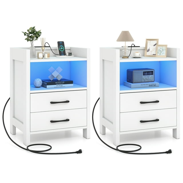 Gymax 2PCS 23.5'' Nightstand w/LED Lights & Charging Station USB Port & Outlets