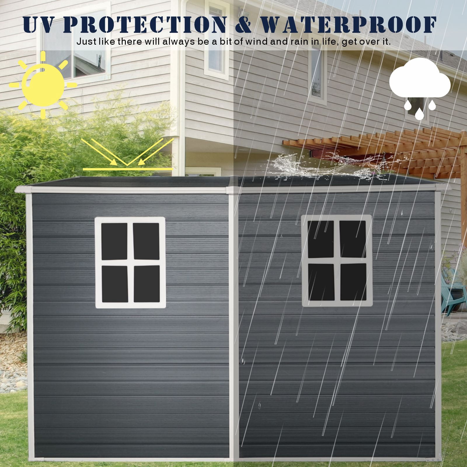 IMagacFun 4x8 Resin Outdoor Storage Shed Waterproof Tool Shed Heavy Duty Plastic Shed with Floor and Window for Garden Patio Backyard Black